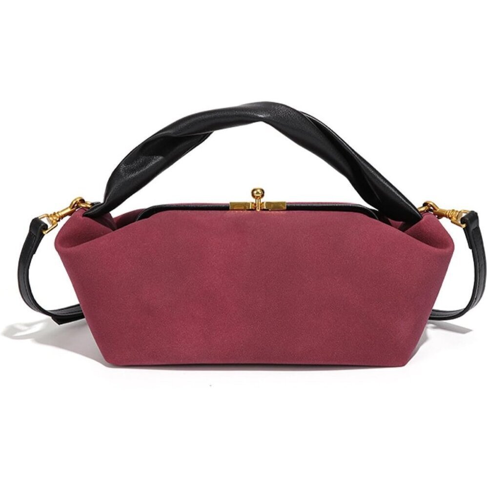 Women's Wine Red Faux Suede Vintage Slouchy Soft Satchel Kiss Lock Hobo Handbag